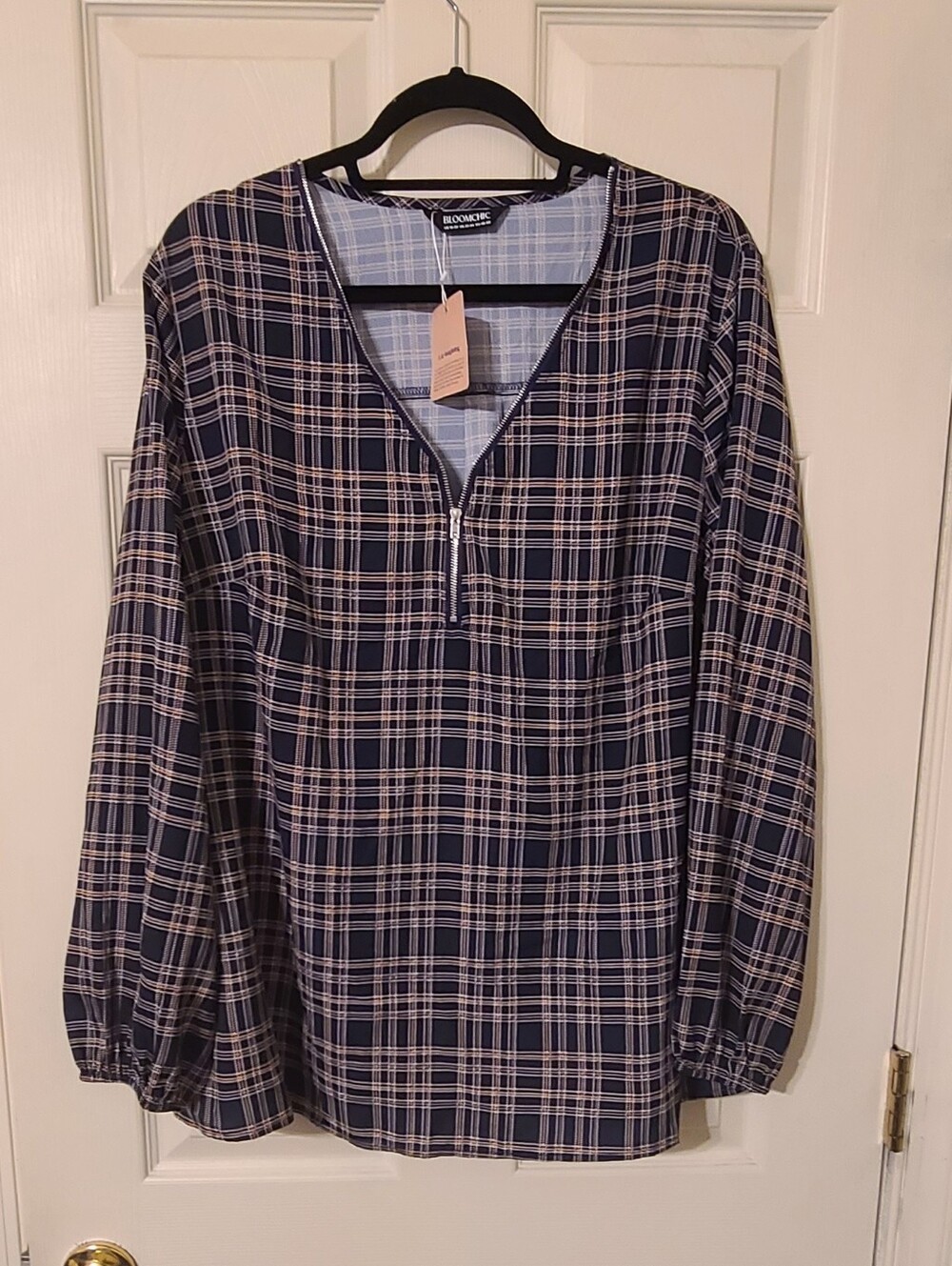 Bloomchic Navy and White Plaid Long-Sleeve Zip-Neck Shirt